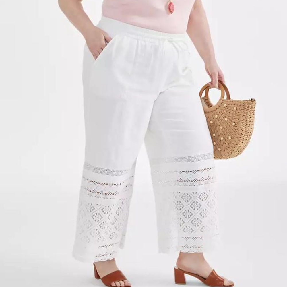 Style & Co Cotton Crochet Wide Leg Pull On Pants White 3X